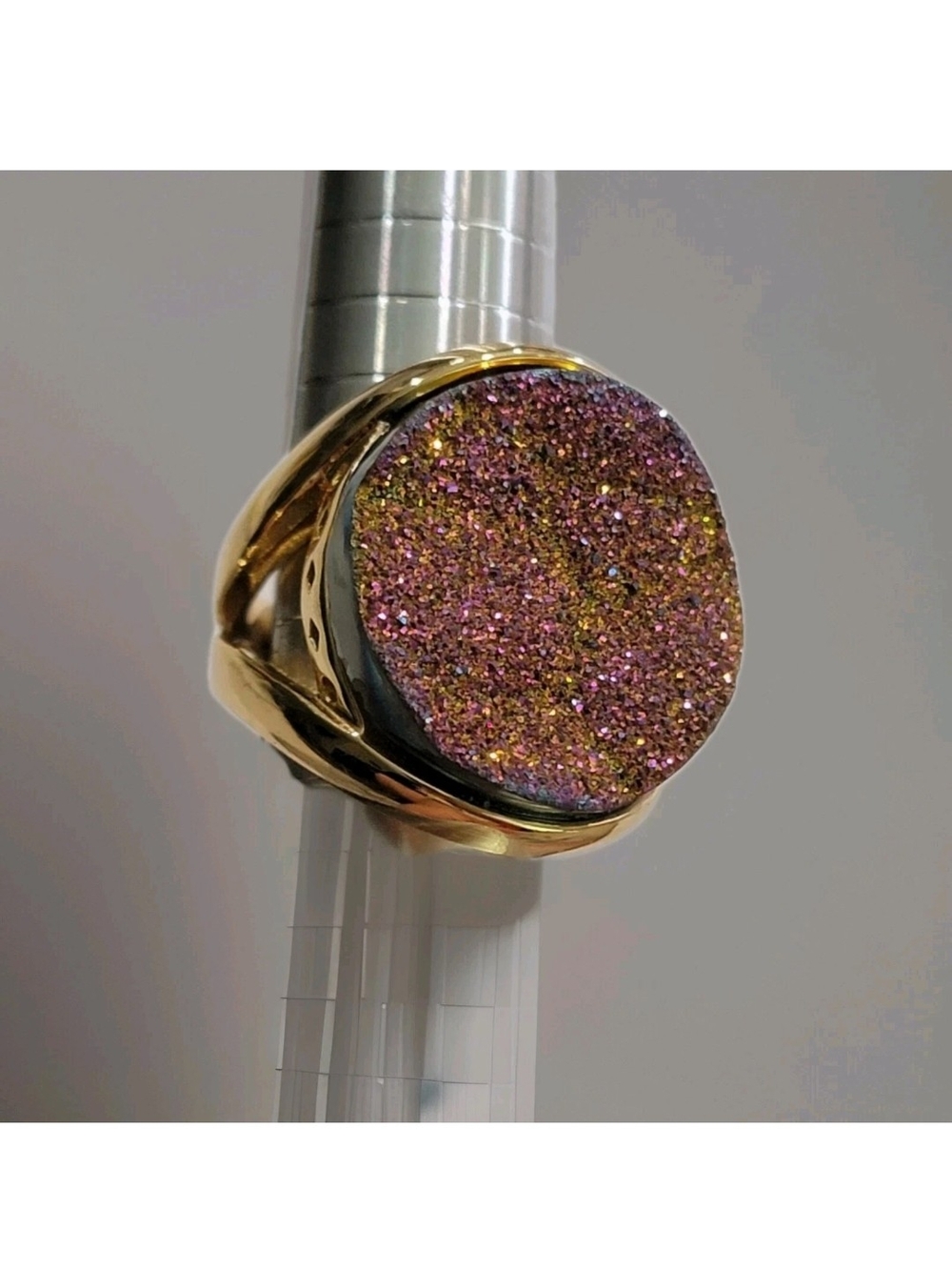 Itaor Titanium Druzy Statement Ring in Pink and Gold Sparkle Size 7.5
